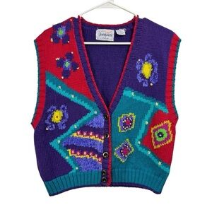 Vintage Jantzen Petite Size Large 80s 90s Bright Color Sweater Vest Geometric